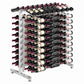 Double-sided wine bottle display rack with silver metal frame and tightly spaced bottle rows.