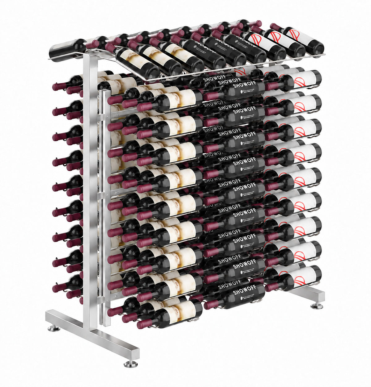 Double-sided wine bottle display rack with silver metal frame and tightly spaced bottle rows.