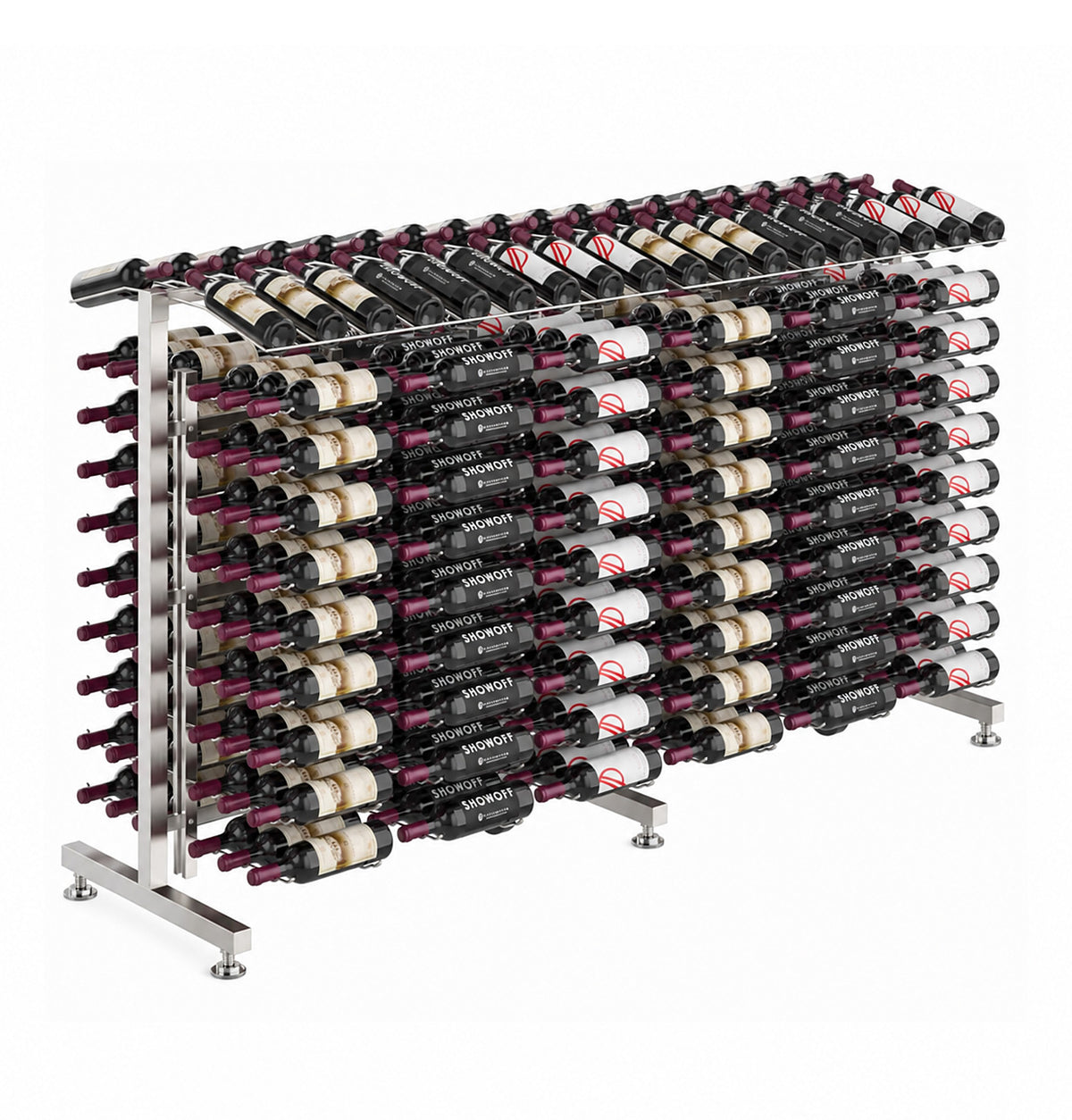 Double-sided wine bottle display rack with silver metal frame and rows of bottles.
