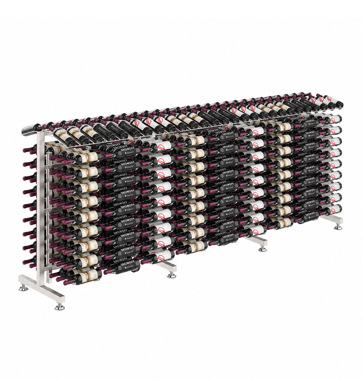 Double-sided wine bottle display rack with silver metal frame and dense bottle storage.