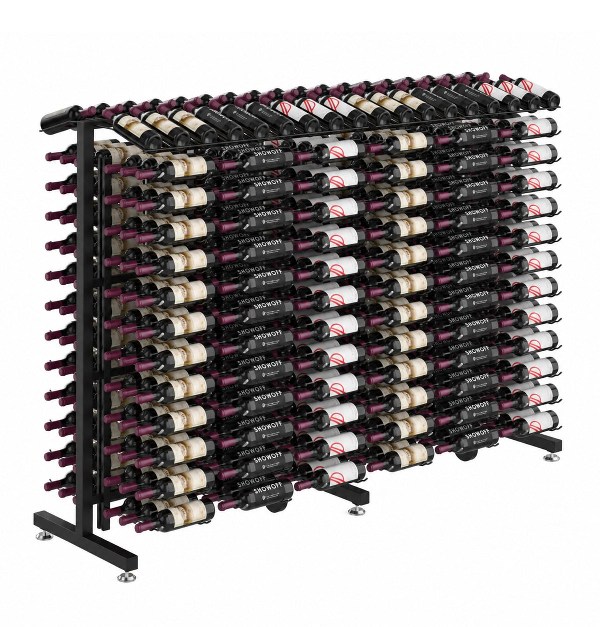 Double-sided wine bottle display rack with black frame and neatly aligned wine bottles.