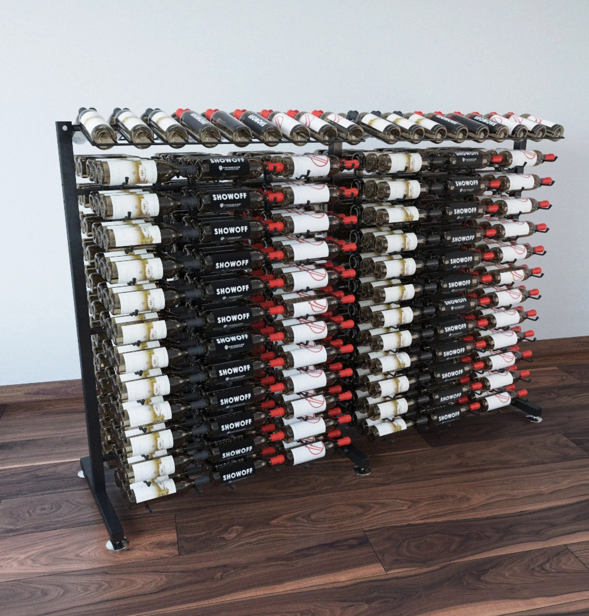 Double-sided wine bottle display rack with black frame holding rows of bottles.