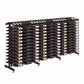 Double-sided wine bottle display rack with dark black frame and bottle storage rows.