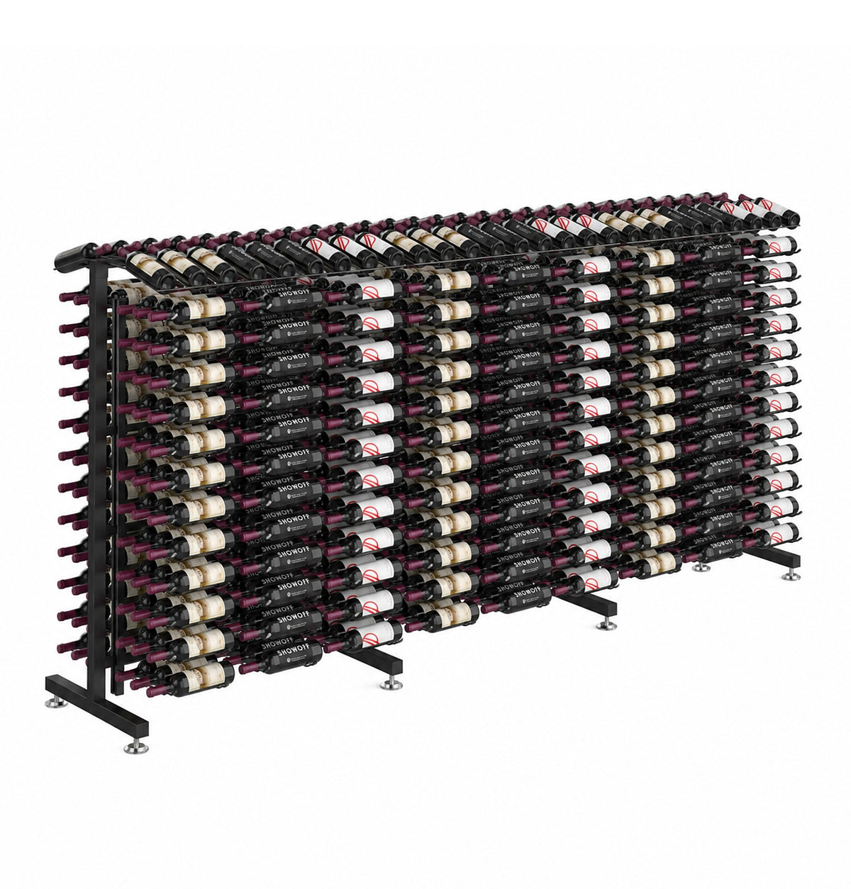 Double-sided wine bottle display rack with dark black frame and bottle storage rows.