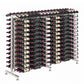 Double-sided wine bottle display rack with brushed silver frame and bottle storage rows.