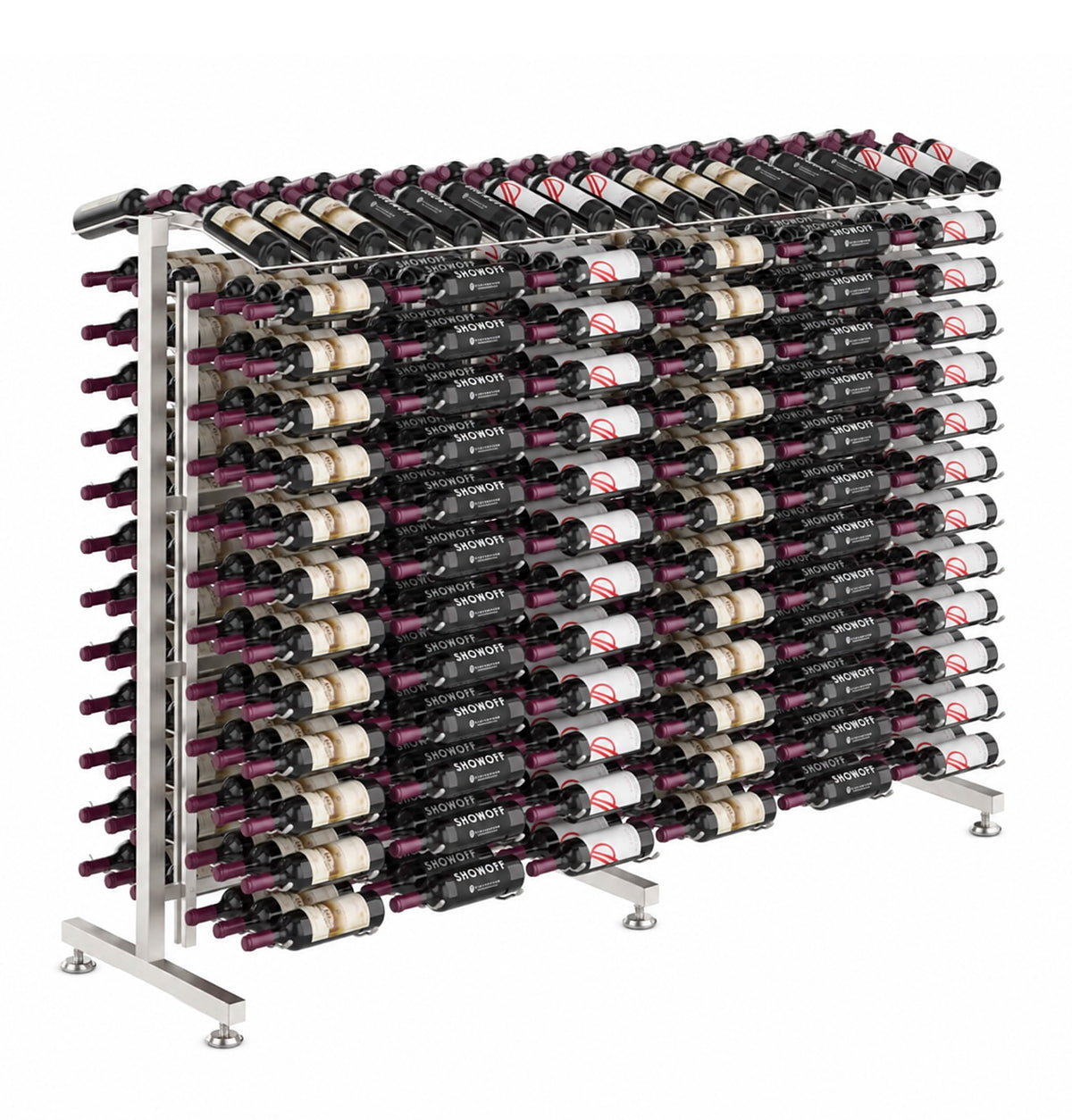 Double-sided wine bottle display rack with brushed silver frame and bottle storage rows.