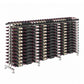 Double-sided wine bottle display rack with silver frame and stocked wine bottle cradles.