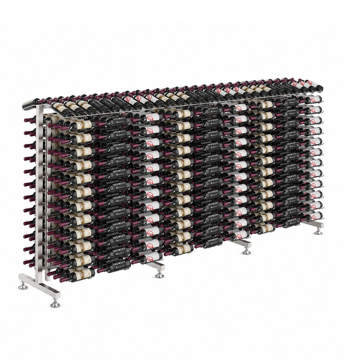 Double-sided wine bottle display rack with silver frame and stocked wine bottle cradles.