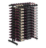 Double-sided wine bottle display rack, matte black frame with bottles in cradles.
