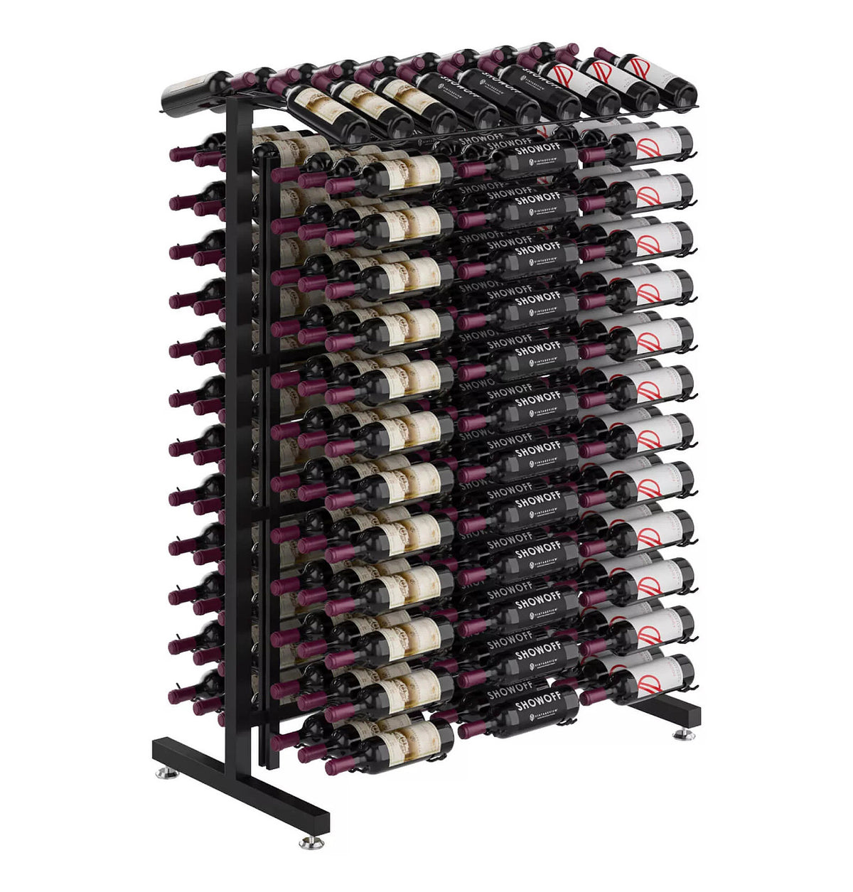 Double-sided wine bottle display rack, matte black frame with bottles in cradles.