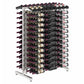 Double-sided wine bottle display rack, brushed silver frame with bottles in cradles.
