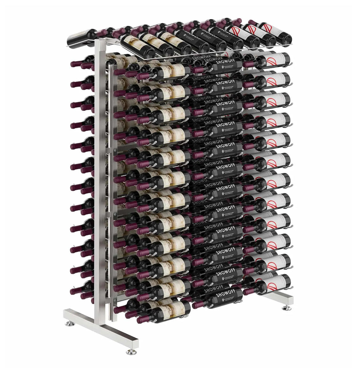 Double-sided wine bottle display rack, brushed silver frame with bottles in cradles.
