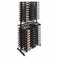 Two-sided wine bottle rack with dense bottle rows and black metal frame, side view