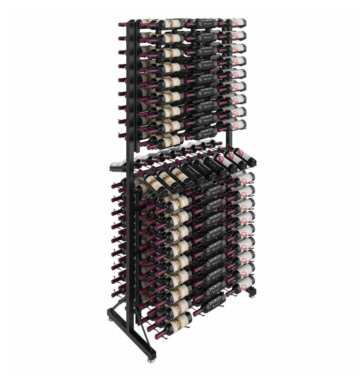 Two-sided wine bottle rack with dense bottle rows and black metal frame, side view