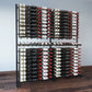 Two-sided wine bottle display rack standing upright with rows of bottles on both sides
