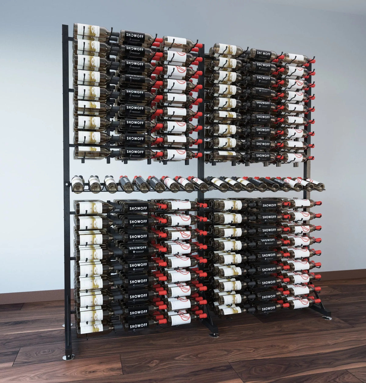 Two-sided wine bottle display rack standing upright with rows of bottles on both sides