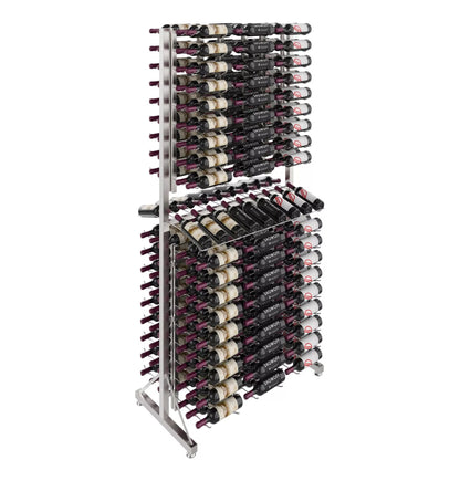 Two-sided wine bottle display rack with tightly packed bottles on black and silver frame