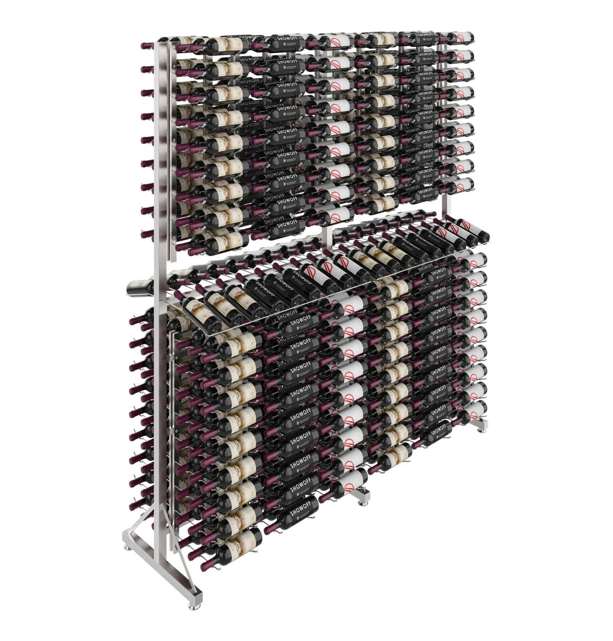 Two-sided wine bottle display rack with two bottle levels and tightly packed bottles