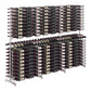 Full-height two-sided wine bottle display rack with many labeled bottles in neat rows