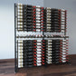 Double-sided wine bottle display rack extension with dark metal frame and dense bottle rows