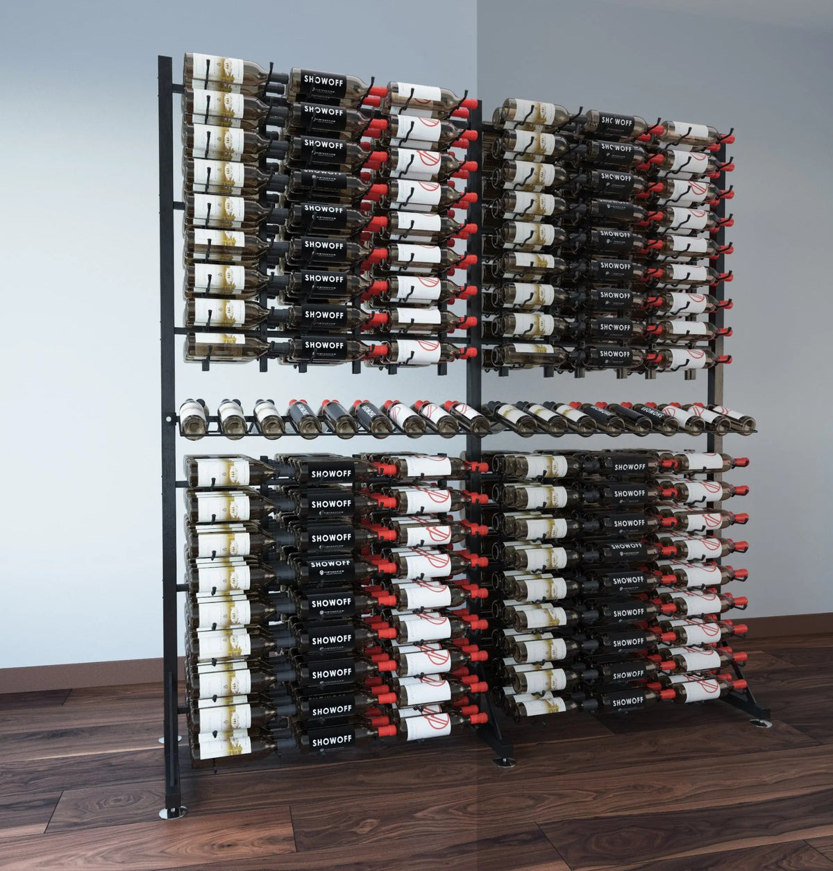 Double-sided wine bottle display rack extension with dark metal frame and dense bottle rows