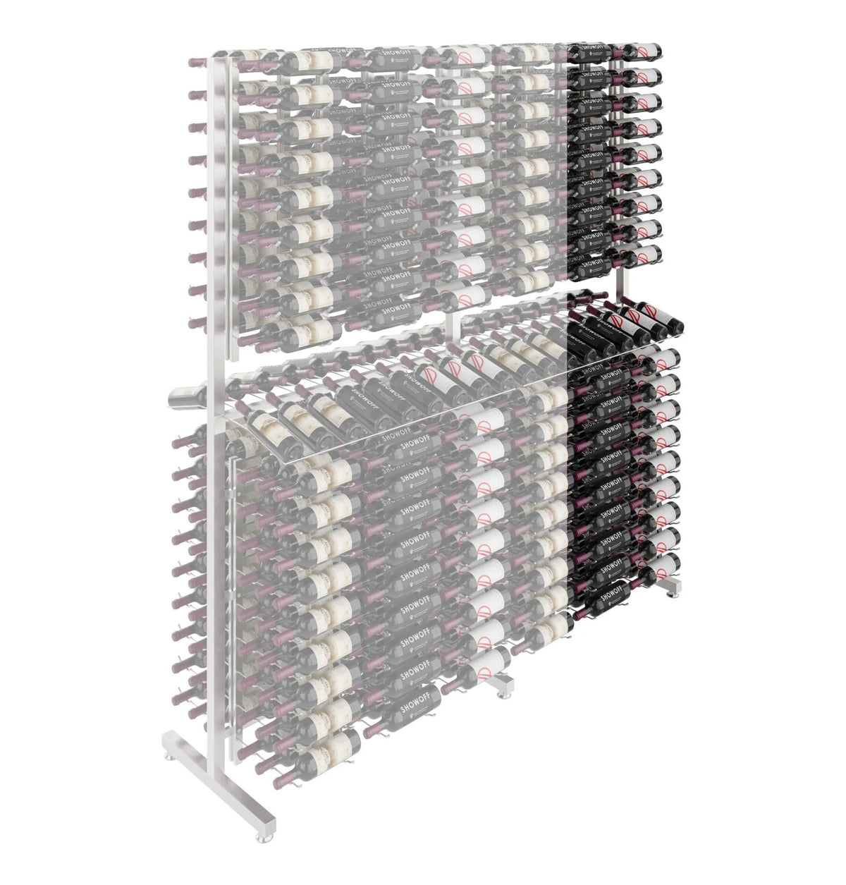 Double-sided wine bottle display rack extension with metal frame and clear backing panels