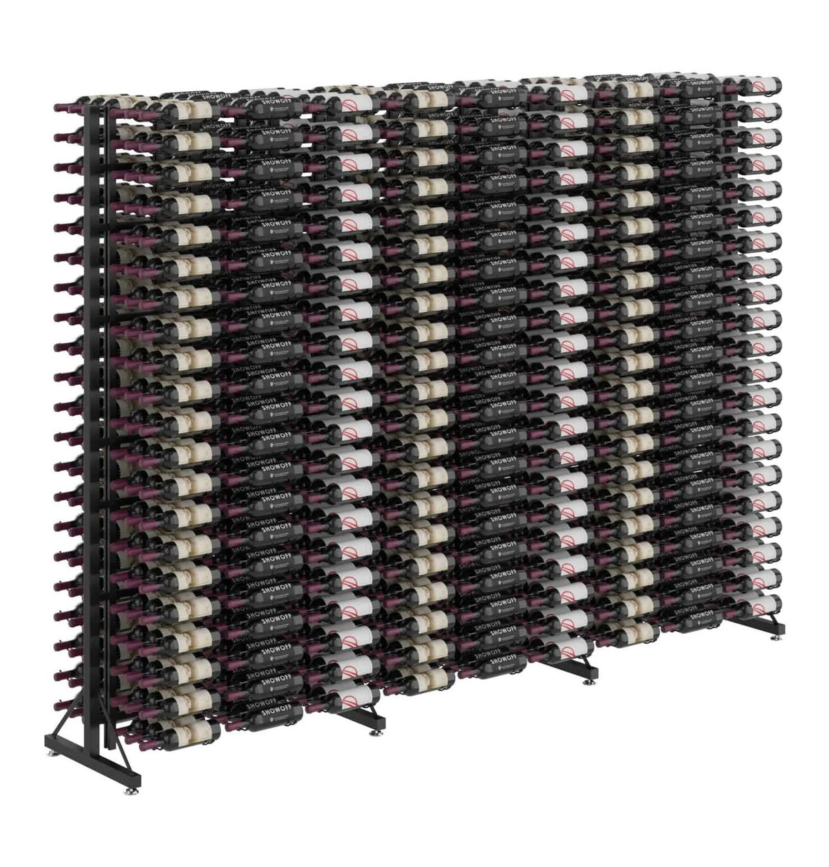 Freestanding double-sided wine bottle rack showing rows of bottles