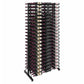 Double-sided wine bottle display rack with dark metal frame and bottle rows