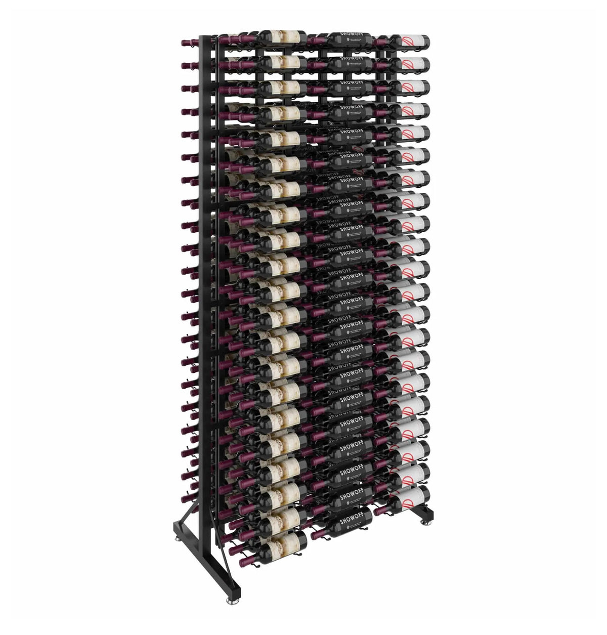 Double-sided wine bottle display rack with dark metal frame and bottle rows