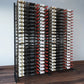Corner display of double-sided wine bottle rack with dark frame and many bottles