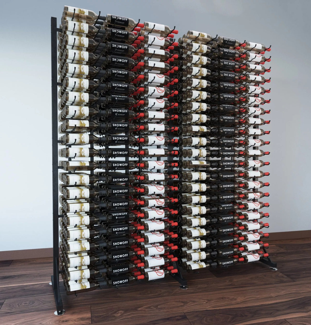 Corner display of double-sided wine bottle rack with dark frame and many bottles