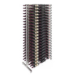 Tall double-sided wine bottle display rack with silver frame and bottle rows