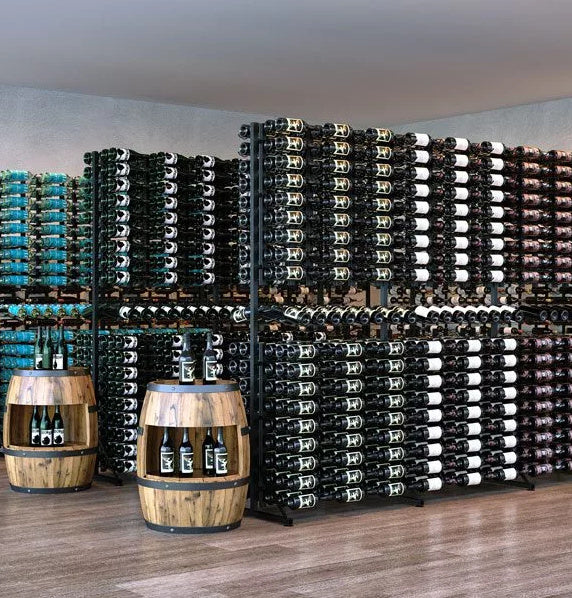 Double-sided wine bottle display rack with dark frame and rows of bottles