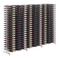 Freestanding double-sided wine bottle rack with silver frame and rows of bottles