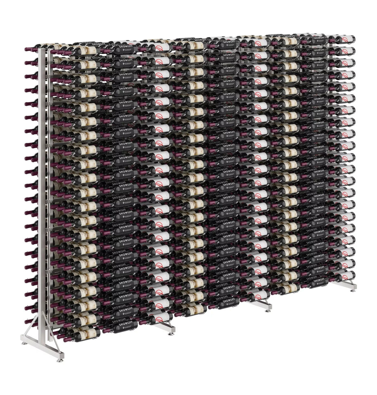 Freestanding double-sided wine bottle rack with silver frame and rows of bottles