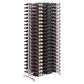 Tall double-sided wine bottle display rack with light silver frame and bottles