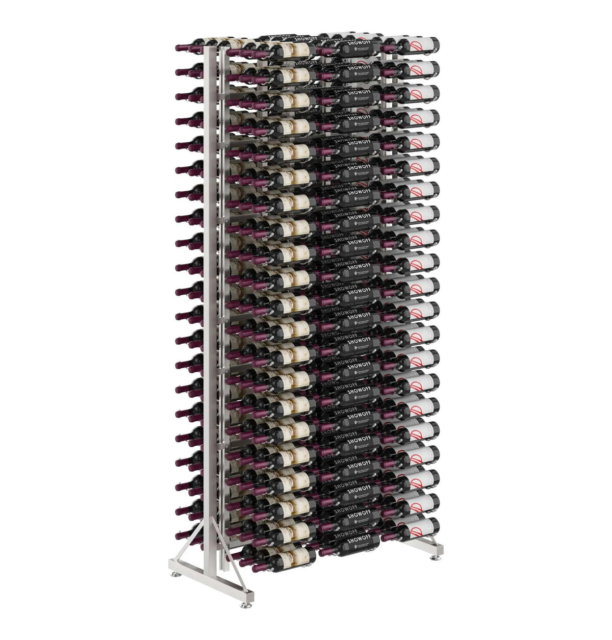 Tall double-sided wine bottle display rack with light silver frame and bottles