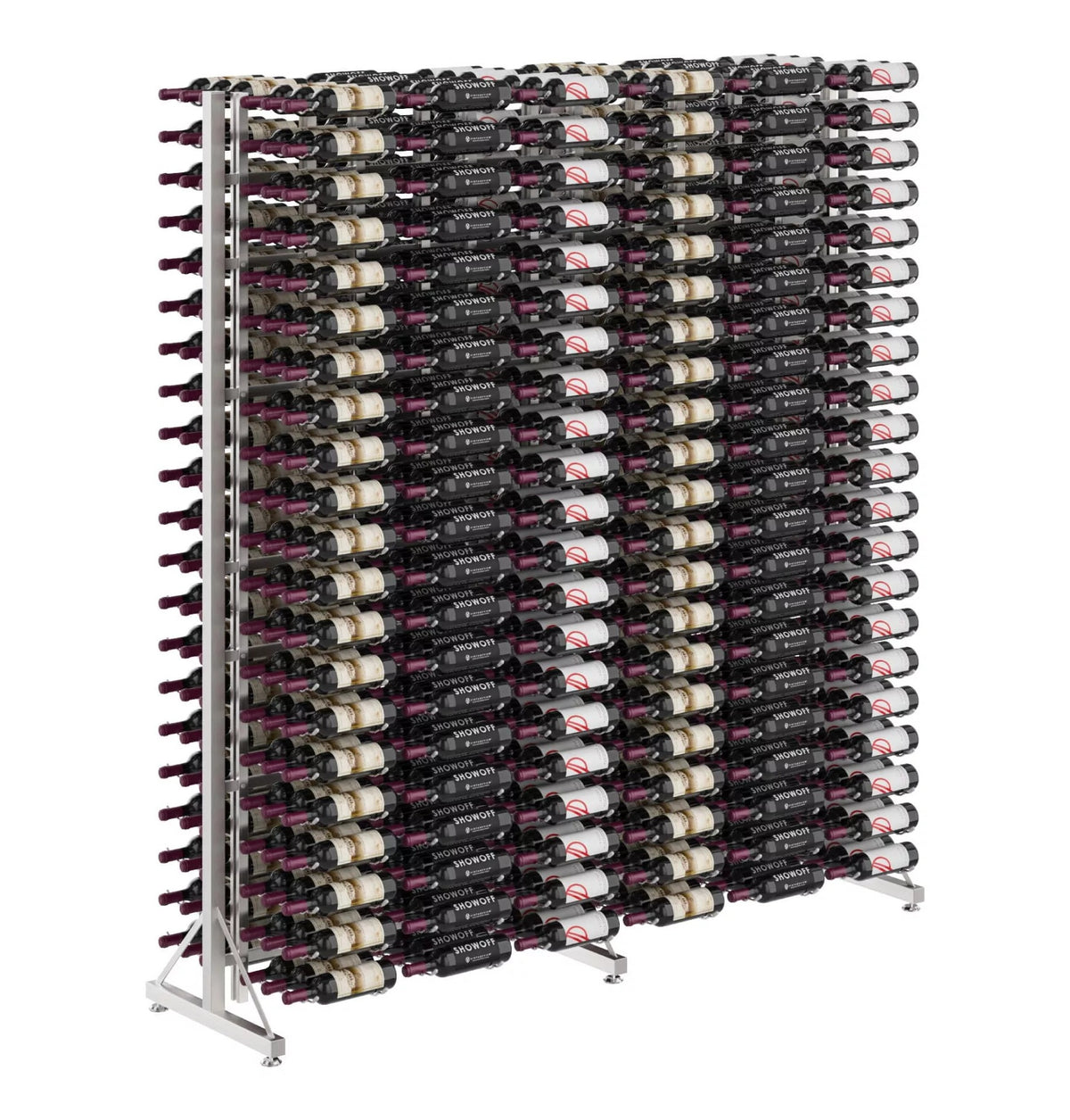 Double-sided wine bottle display rack with light silver frame and dense bottle rows