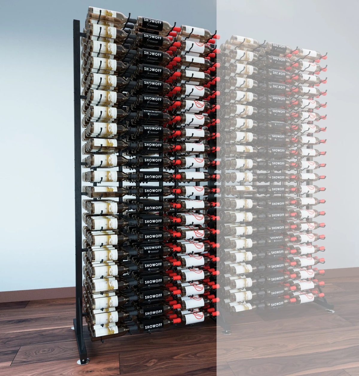 Double-sided wine bottle display rack with dark frame and multiple bottle rows