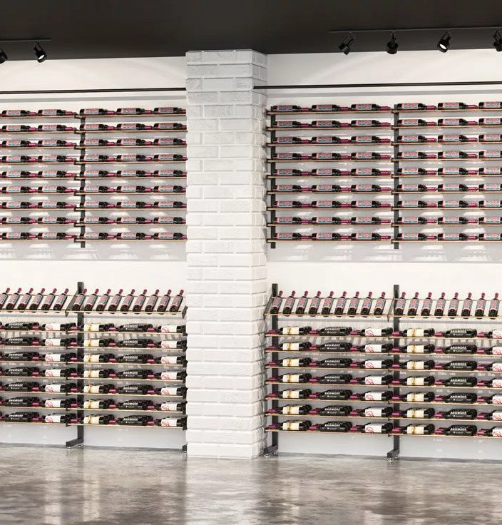 Double-sided wine bottle display rack with white finish and dense rows of bottle slots
