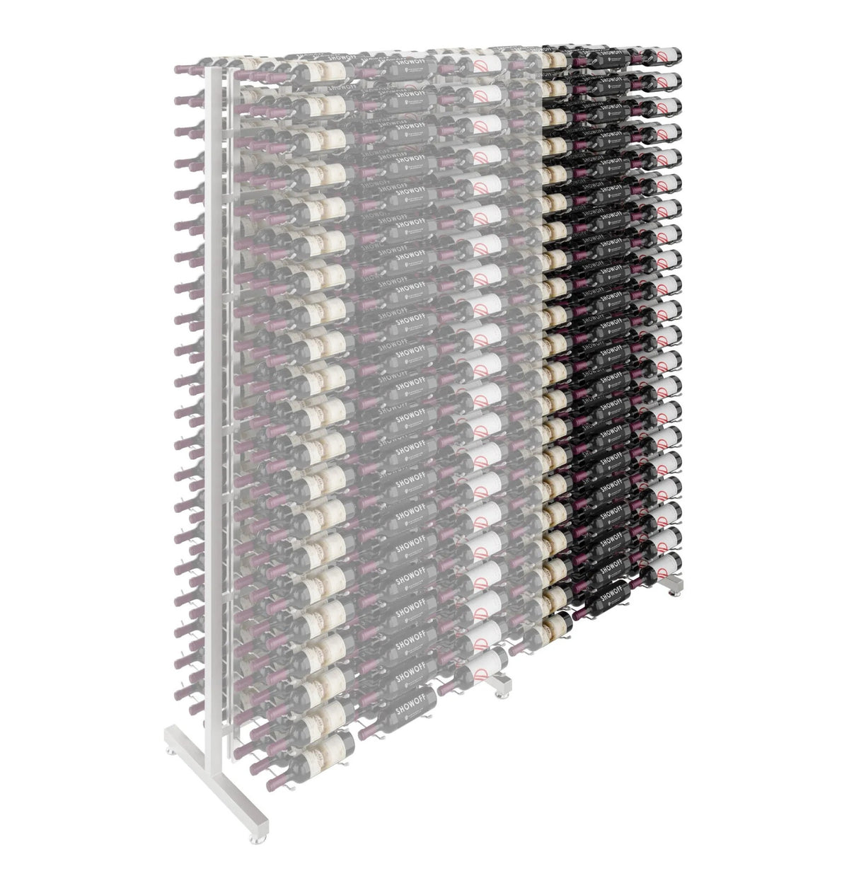 Double-sided wine bottle rack in gray with metal pegs holding bottles