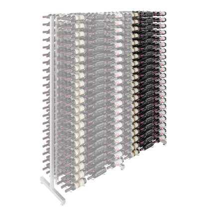 Double-sided wine bottle rack in gray with metal pegs holding bottles