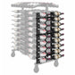 Black wine bottle rack end cap with bottle cradle slots and metal side frame