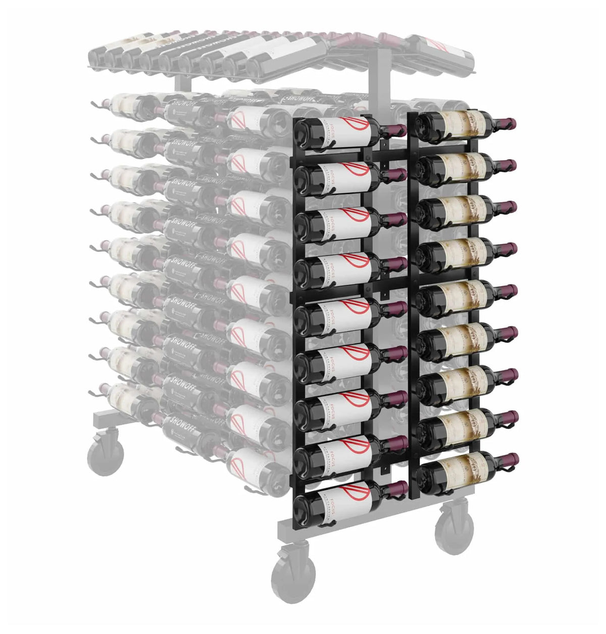 Black wine bottle rack end cap with bottle cradle slots and metal side frame