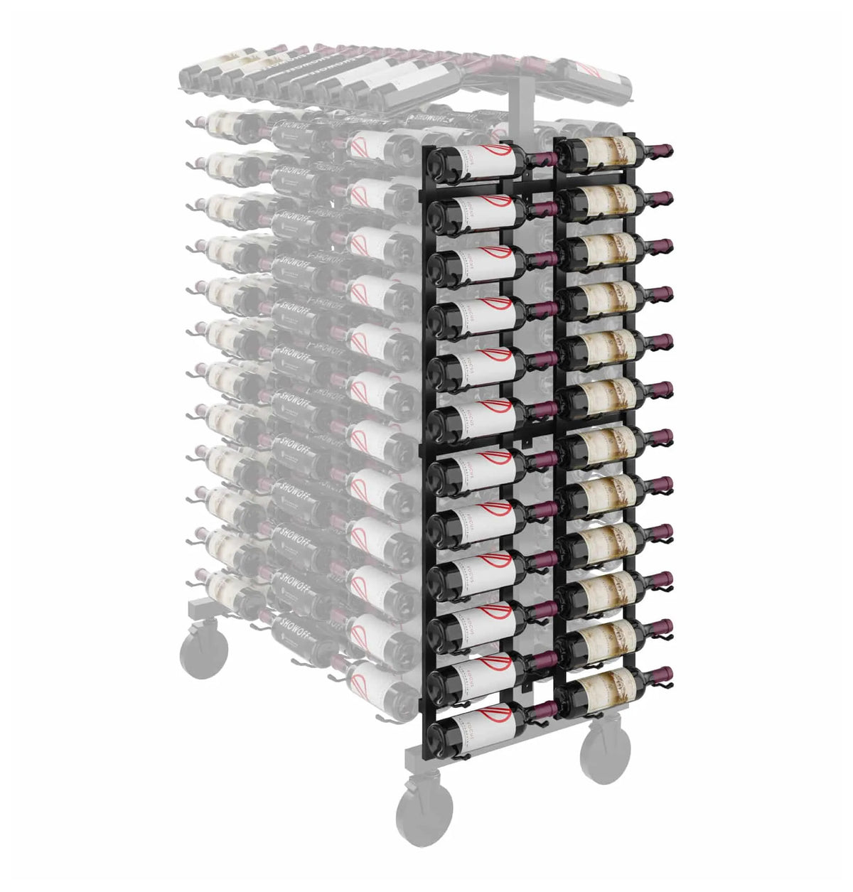 Black metal wine bottle rack end cap with bottle holders and side posts