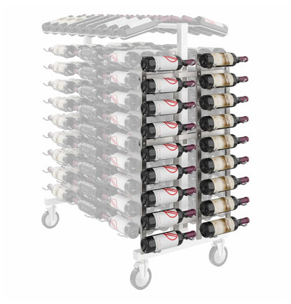 Brushed nickel wine bottle rack end cap with bottle holders and top rail