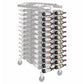 Black metal wine display rack end cap with bottle holders and caster wheels
