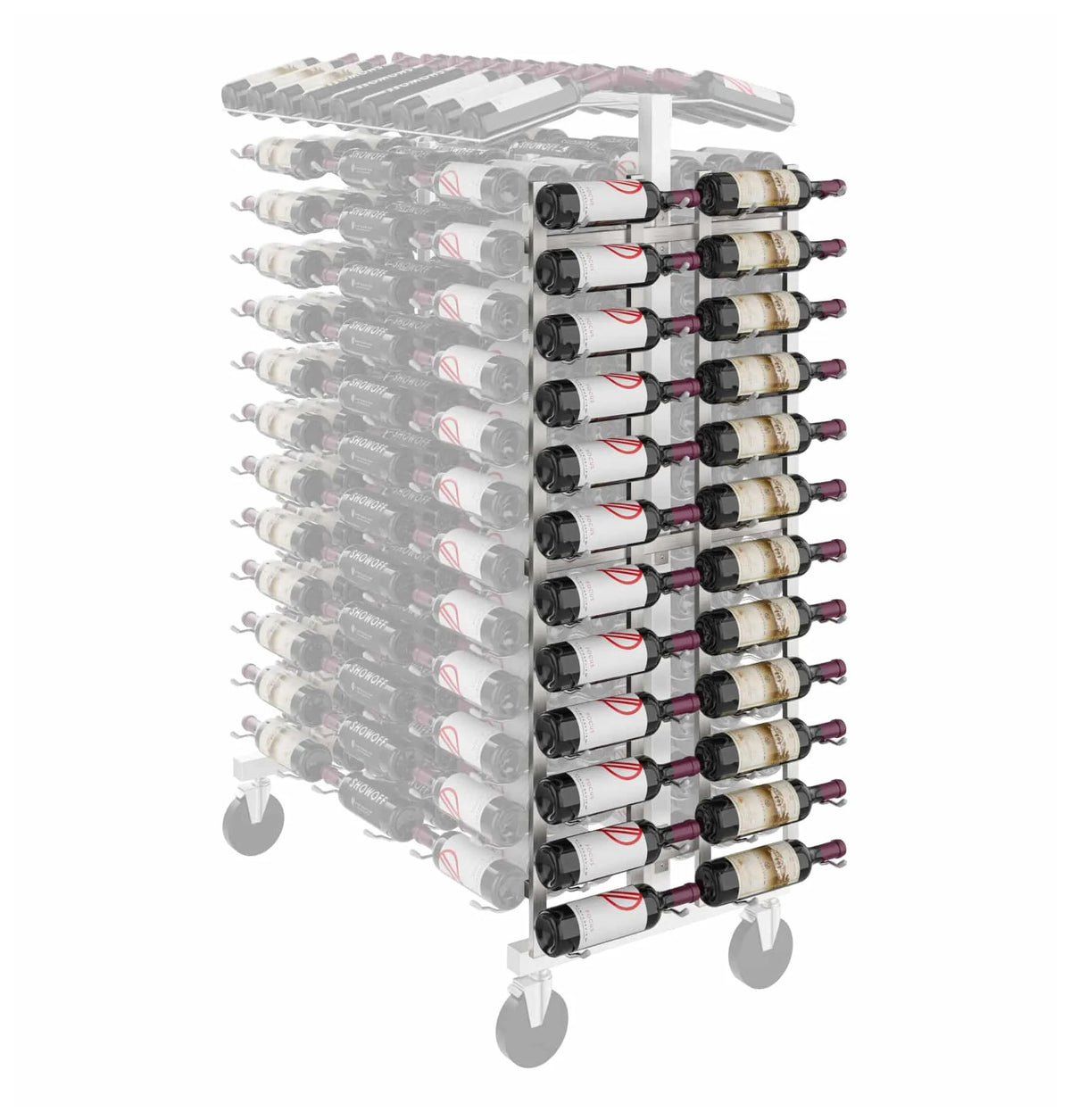 Black metal wine display rack end cap with bottle holders and caster wheels