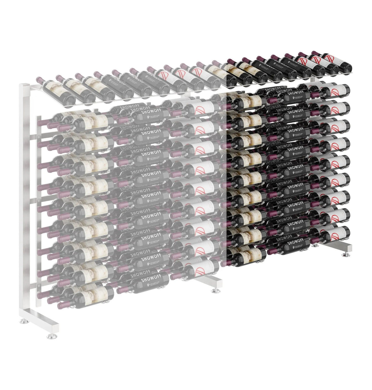 3ft wine rack extension with clear front divider and silver metal bottle holders