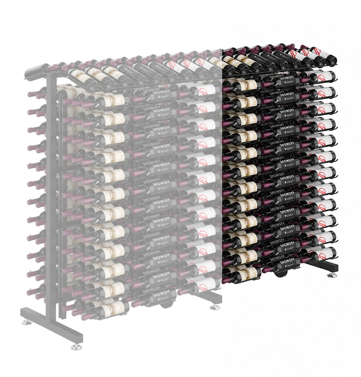 Wine rack extension with clear divider panel and dense bottle rows, light gray frame